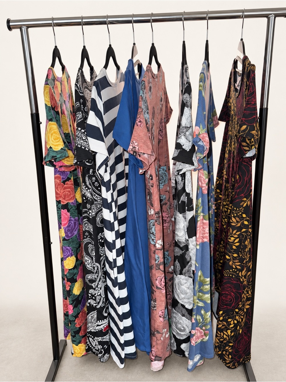 Lot of 8 LuLaRoe Carly Multi-Print High-Low Dresses in Blue, Pink, Black, Yellow